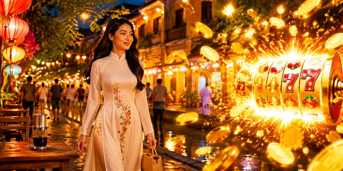 Người dùng tại Hội An chơi slot game và nhận khuyến mãi trong quán cà phê
